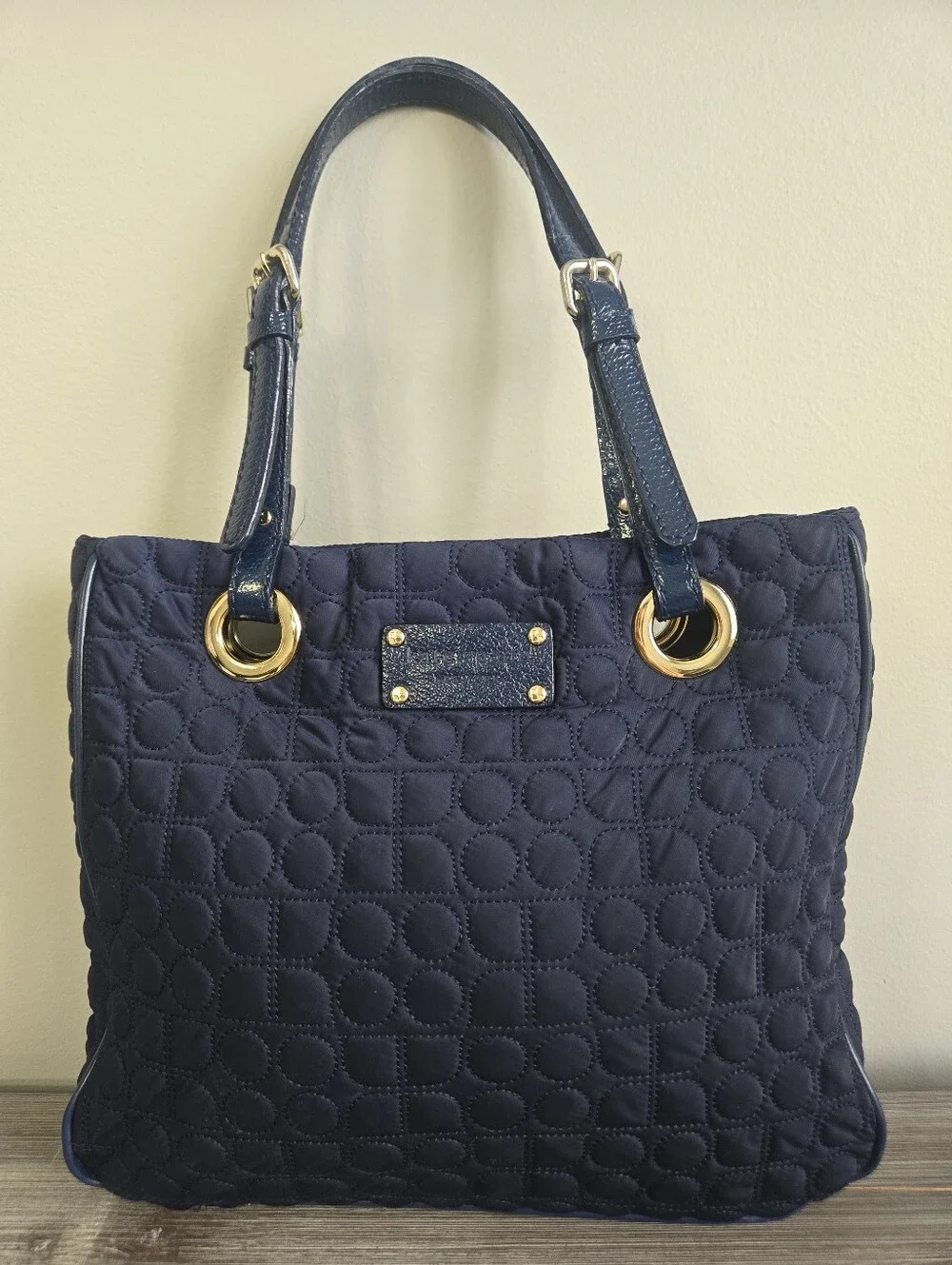 Kate Spade Navy Quilted Nylon Tote Bag Gold Hardware Green Lining